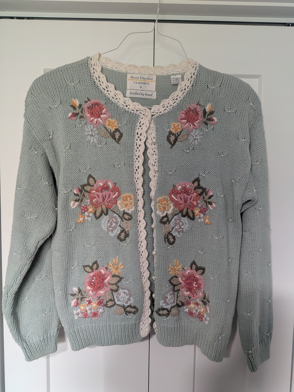 Vintage Marisa Christina Cardigan Womens Small Green Beaded Embroid Cottage Core